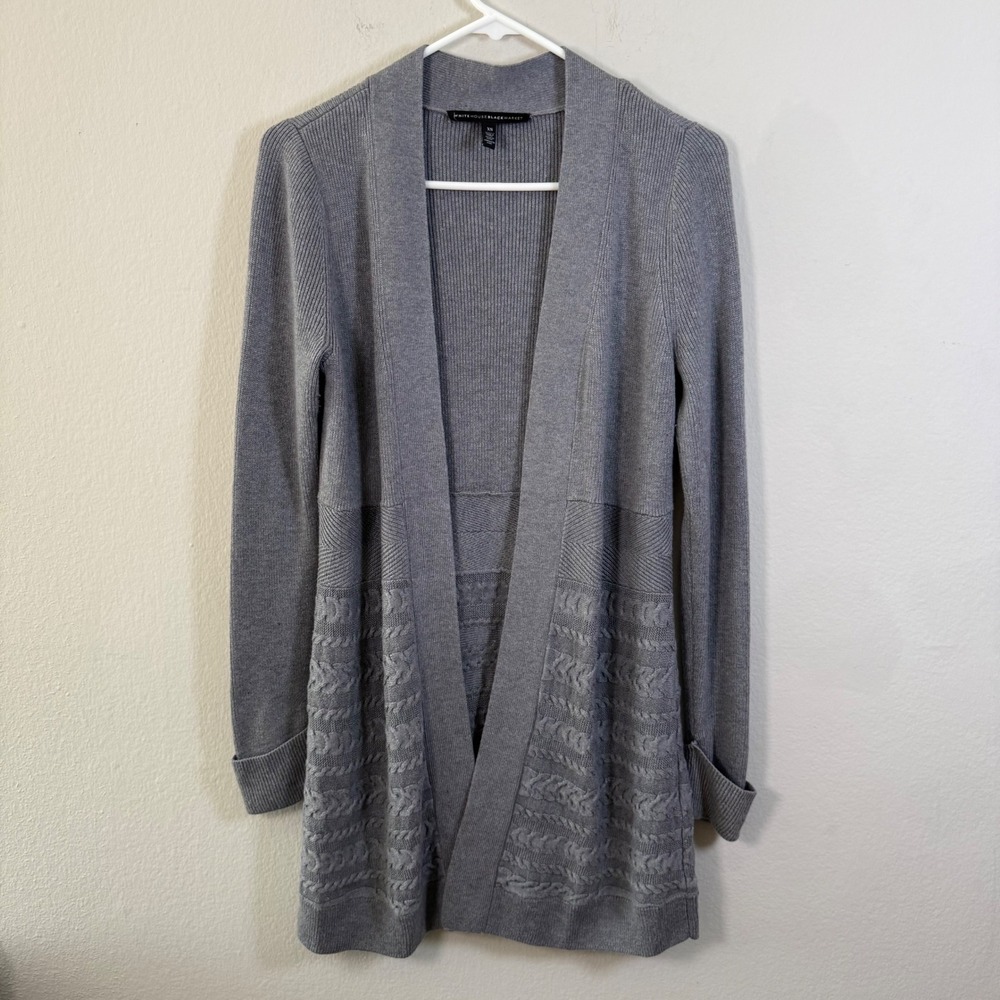 White House Black Market Grey Knit Open Front Longline Cardigan XS‎ Wool Blend